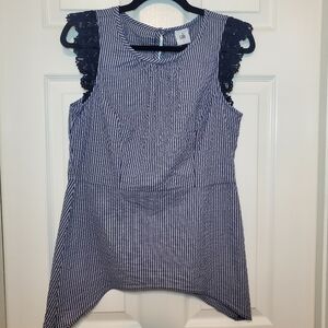 Cabi Womens Seersucker- Small Crochet Sleeves Blue White Striped Peplum
